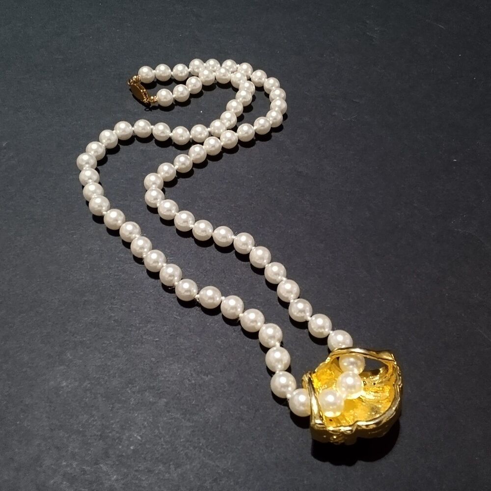 Vintage 24" Hand Knotted Faux Pearl Necklace Gold Tone Slide Enhancer - Picture 6 of 6